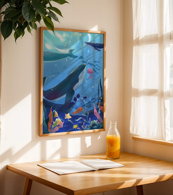 Underwater scene with whales, fish, and coral reef