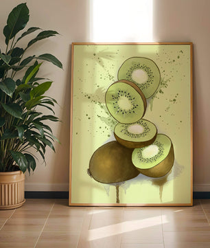 Watercolor illustration of sliced kiwi fruit with splashes