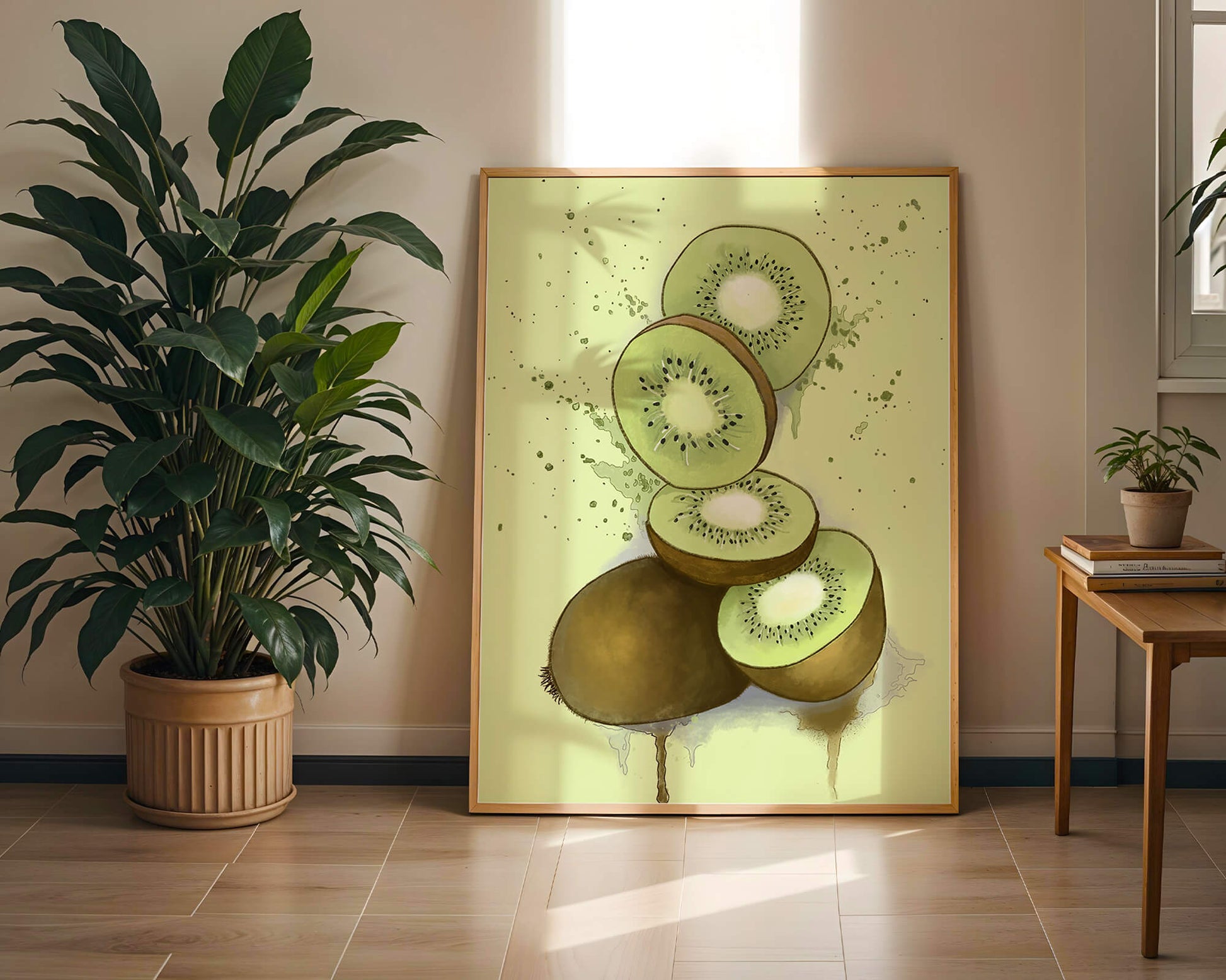 Watercolor illustration of sliced kiwi fruit with splashes