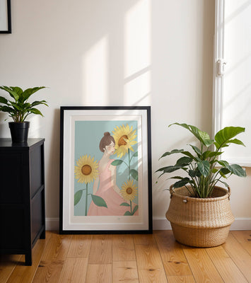 Illustration of a woman in a pink dress with sunflowers