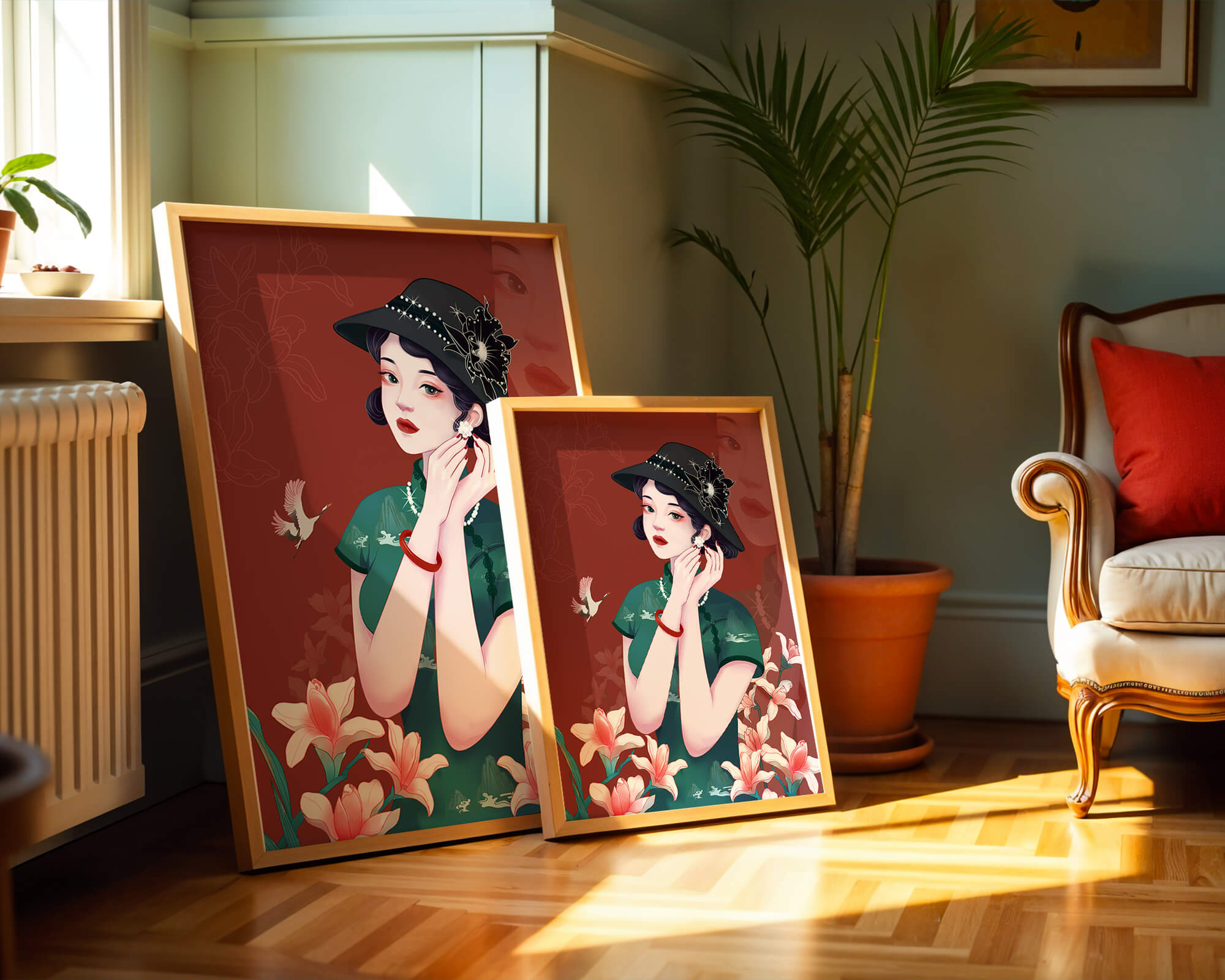 Elegant woman in vintage attire with floral hat and lilies