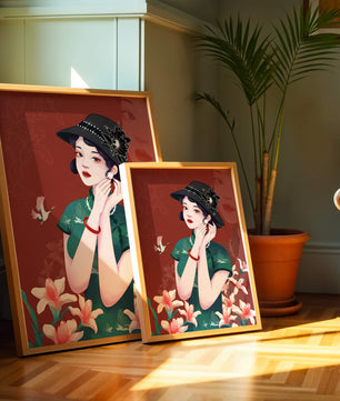 Elegant woman in vintage attire with floral hat and lilies