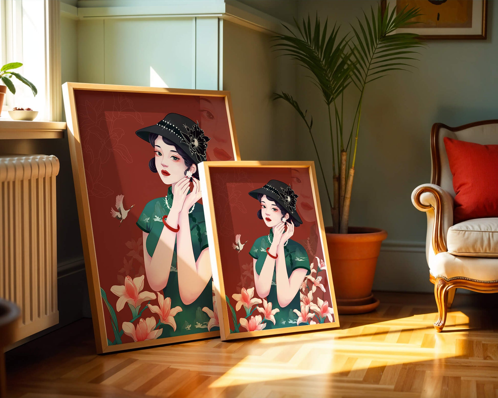 Elegant woman in vintage attire with floral hat and lilies