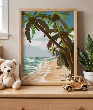 Tranquil Beach Scene with Palm Trees and Sailboats