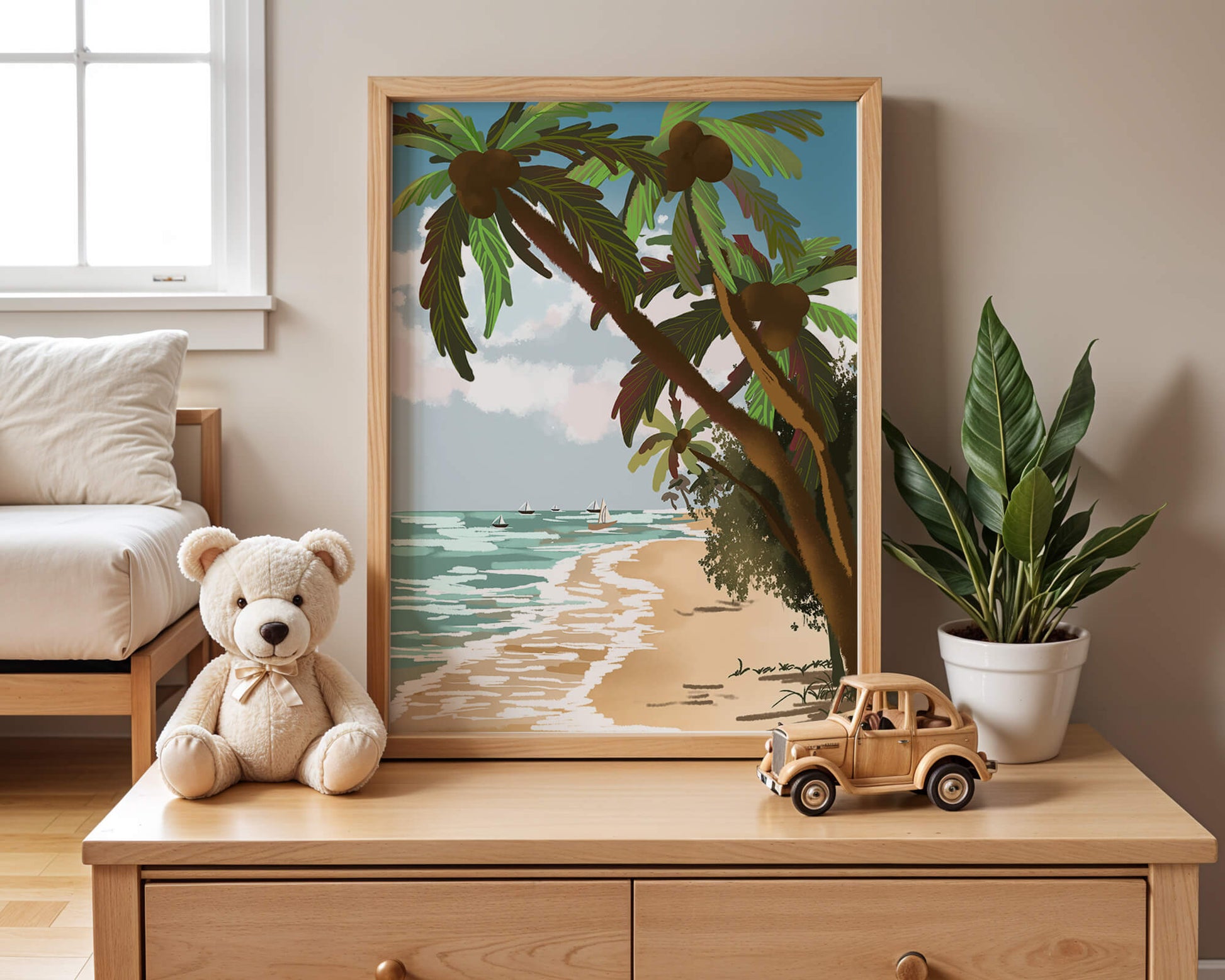 Tranquil Beach Scene with Palm Trees and Sailboats