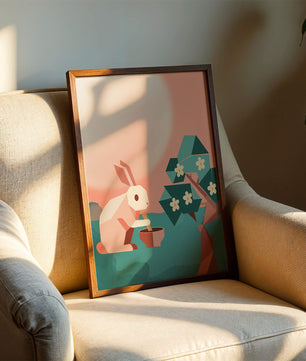 Conejo de origami abstracto con mortero y pistilo bajo un árbol en flor