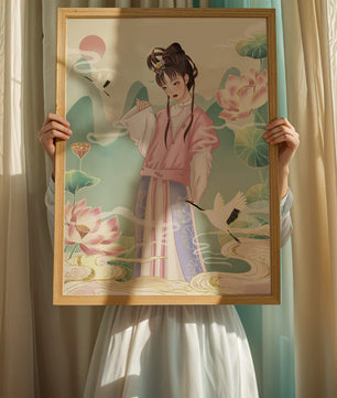 Femme élégante en tenue traditionnelle avec lotus en fleurs et grues