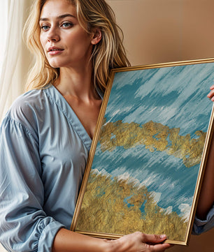 Pintura abstracta con textura dorada y fondo azul