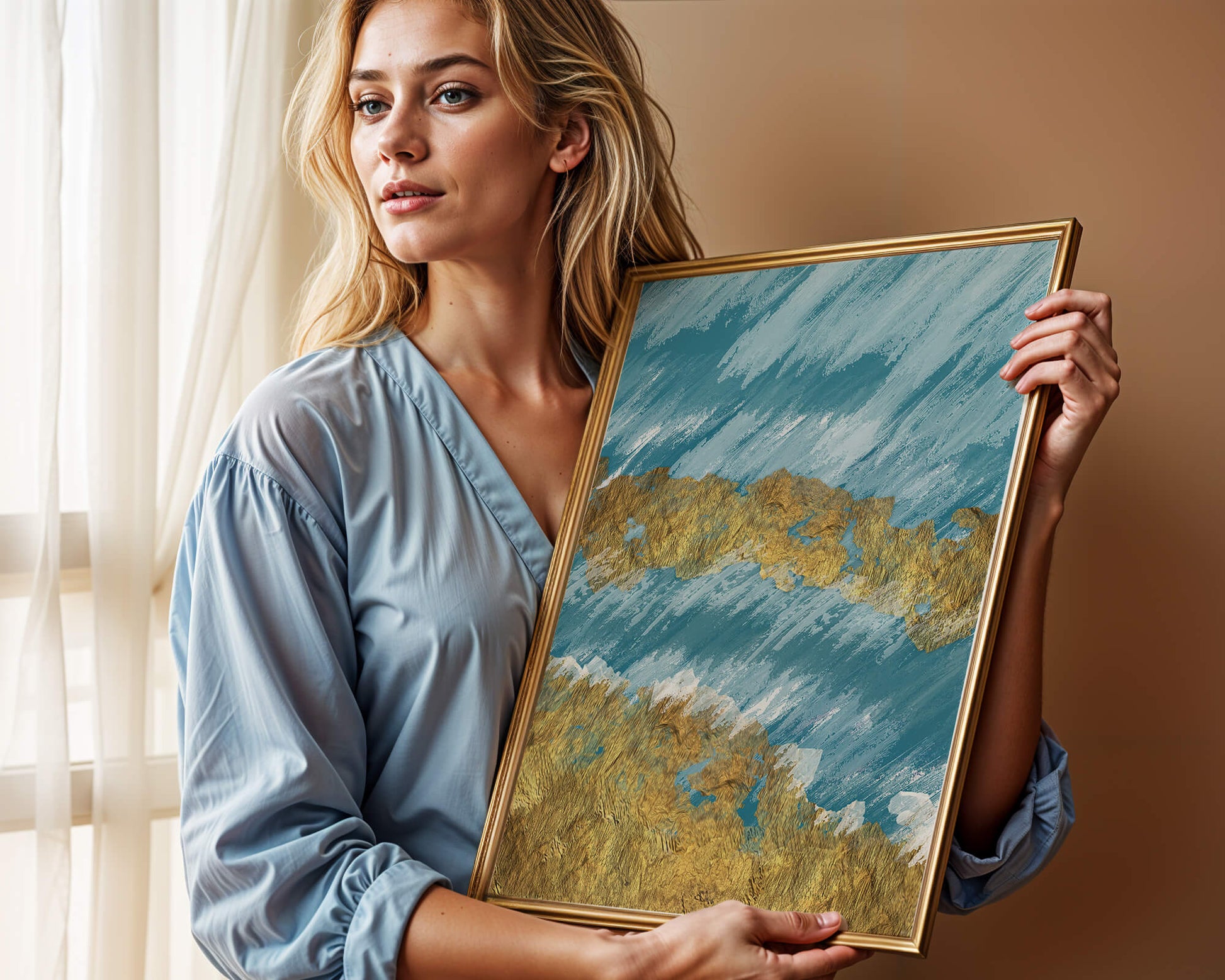 Abstract painting with gold texture and blue background