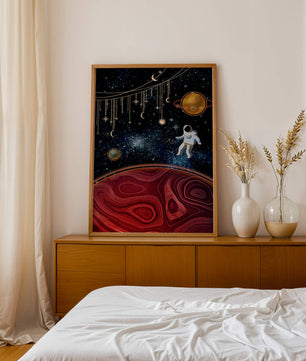 Escena espacial surrealista con astronauta y elementos celestiales
