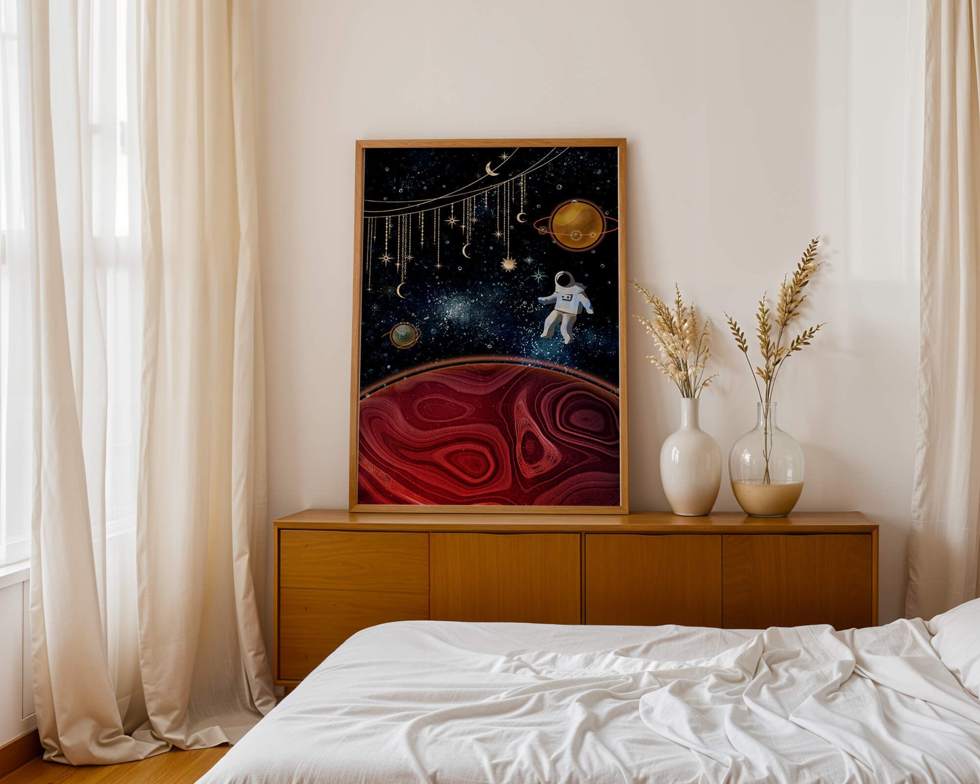Surreal space scene with astronaut and celestial elements