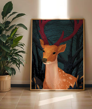 Ilustración majestuosa de un ciervo en un bosque místico