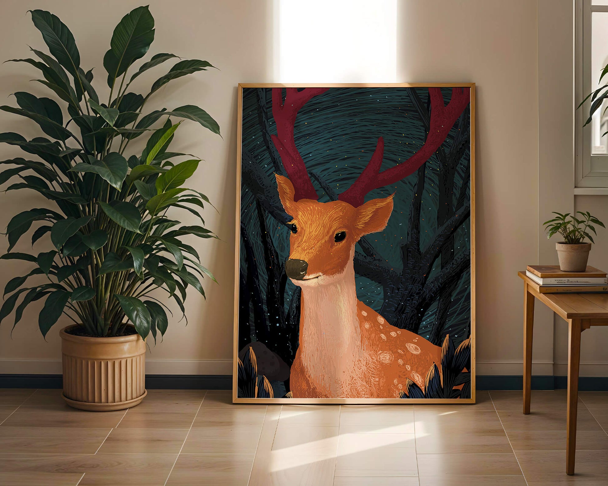 Ilustración de un majestuoso ciervo en un bosque místico