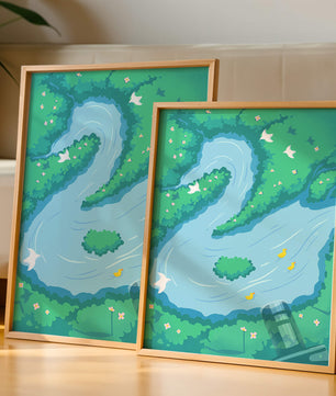Serene River with Ducks and Birds in a Lush Landscape