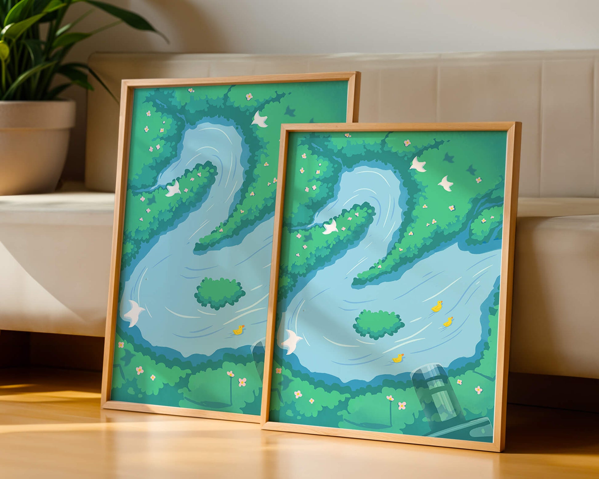 Río sereno con patos y aves en un paisaje exuberante