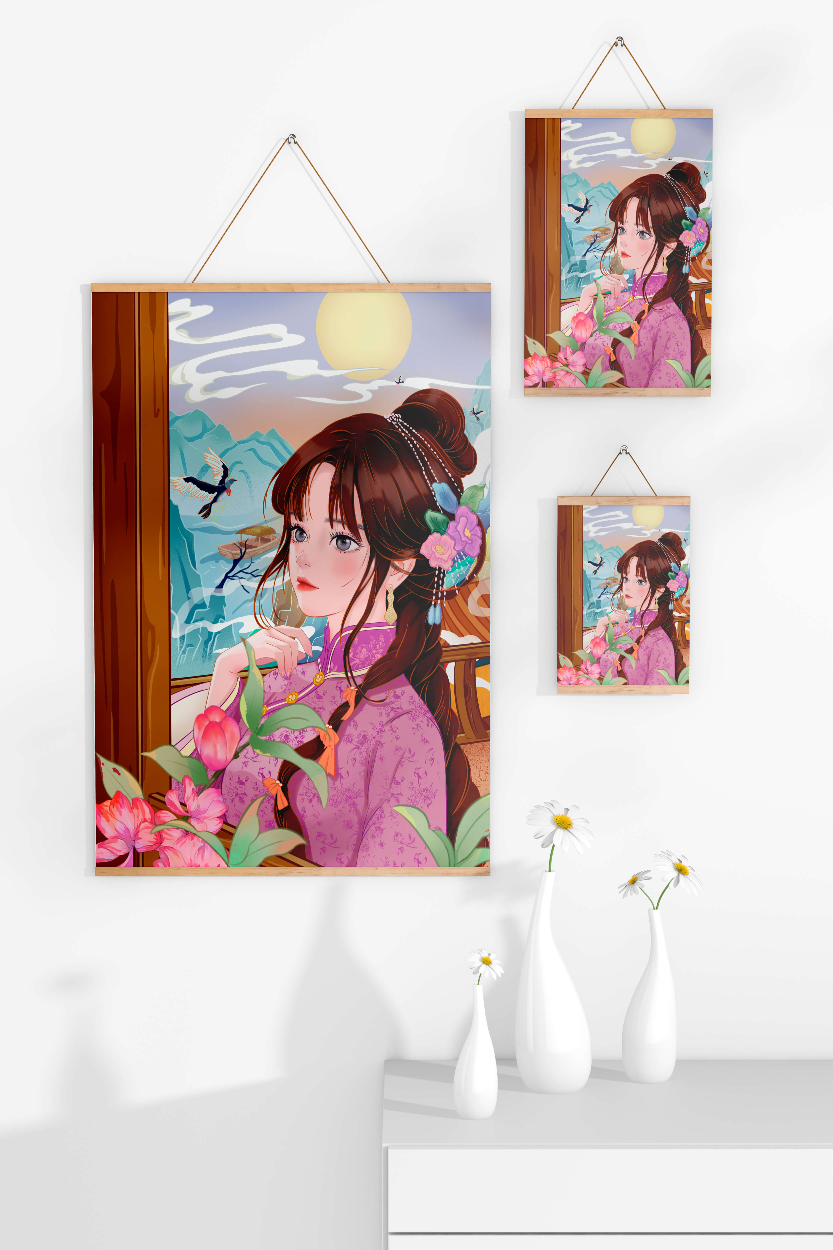 Serene landscape with a woman in traditional dress and mountain view