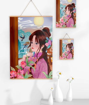 Serene landscape with a woman in traditional dress and mountain view