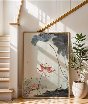 Aquarell Lotusblüte mit Seerosenblättern in ruhiger Szene