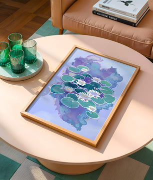 Serene aquatic scene with water lilies on abstract colorful background