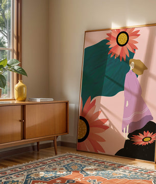 Stylized illustration of woman with vibrant floral elements