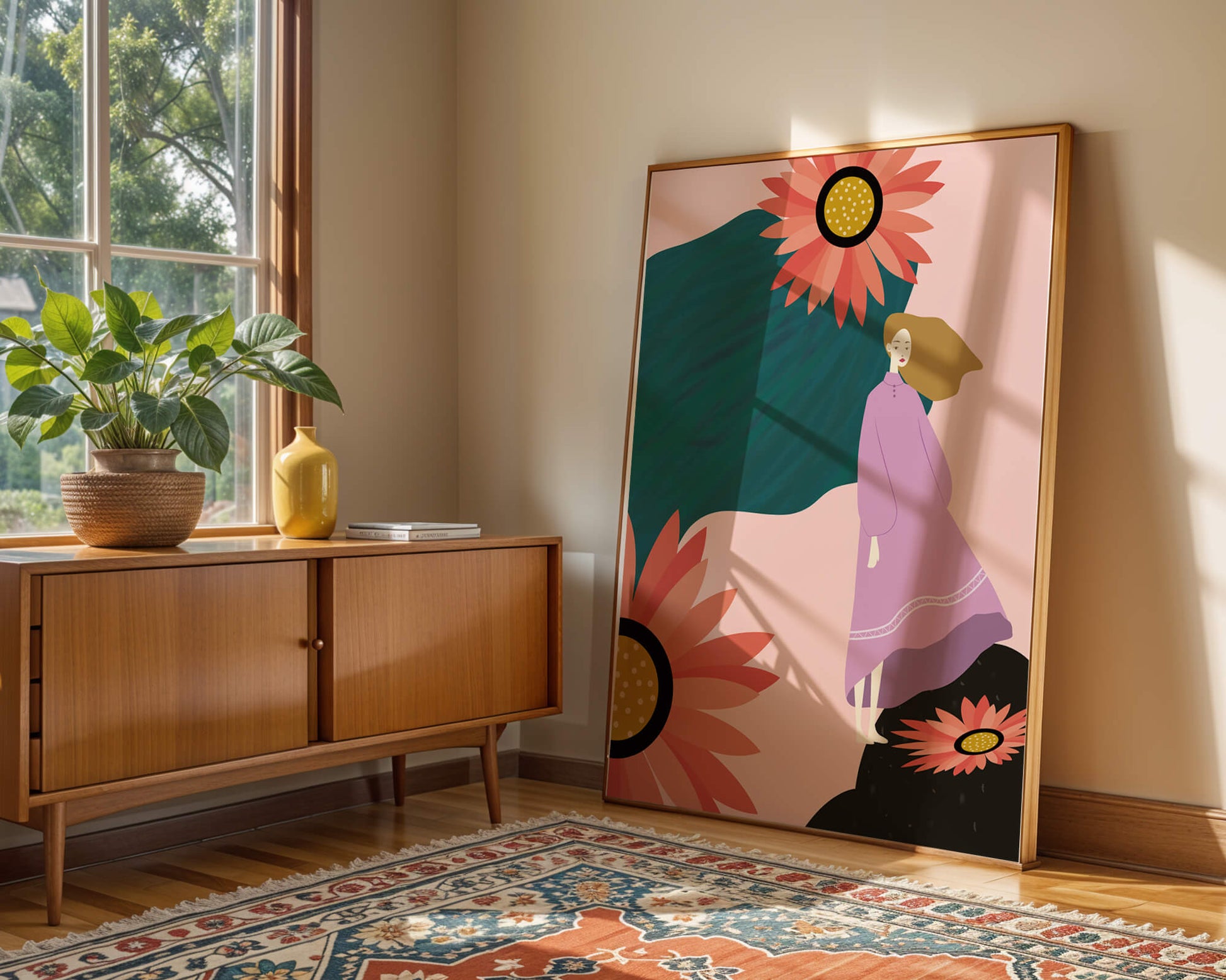 Stylized illustration of woman with vibrant floral elements