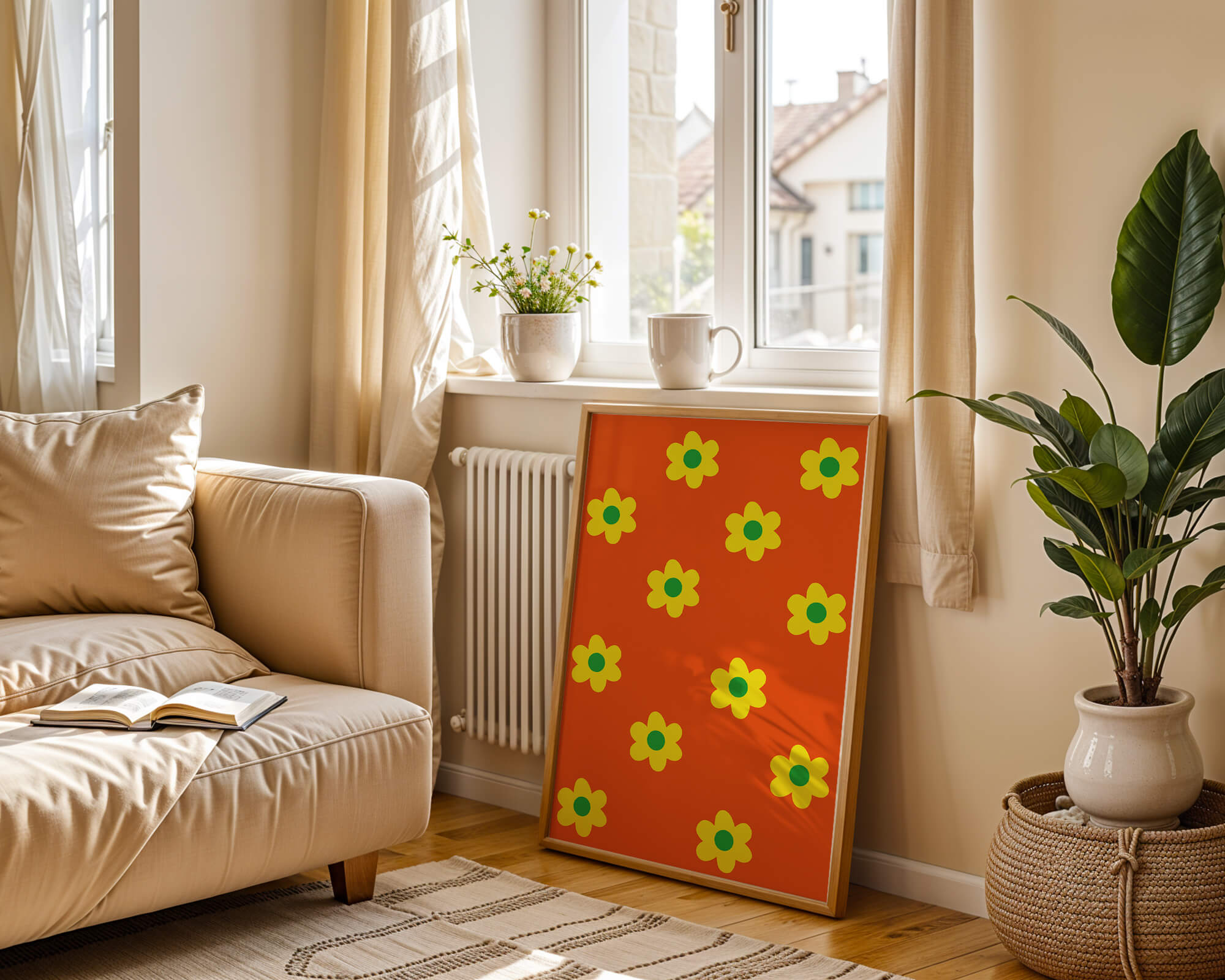 Colorful floral pattern with yellow flowers on orange background