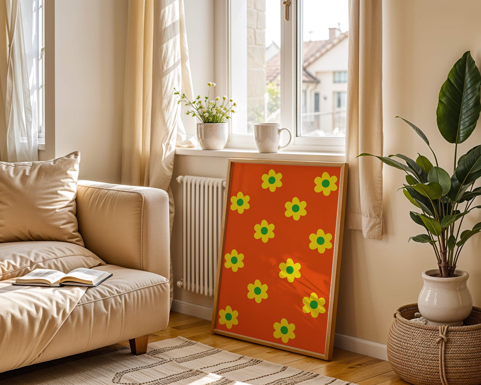 Colorful floral pattern with yellow flowers on orange background