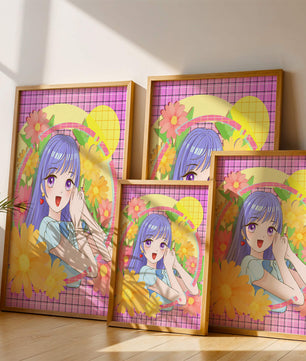 Anime-Mädchen mit leuchtenden Blumen und lila Haaren auf buntem Hintergrund
