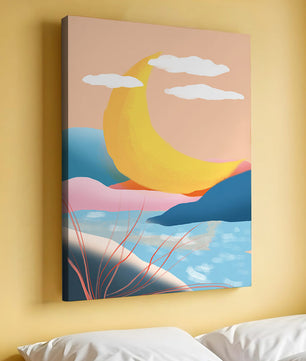 Abstract Landscape with Yellow Crescent and Pastel Colors