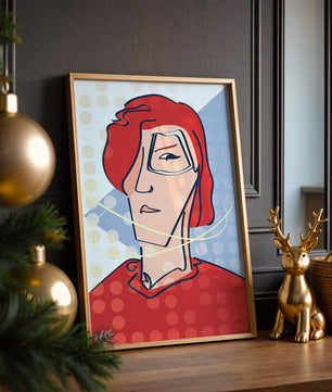 Abstract portrait with red hair and dotted background