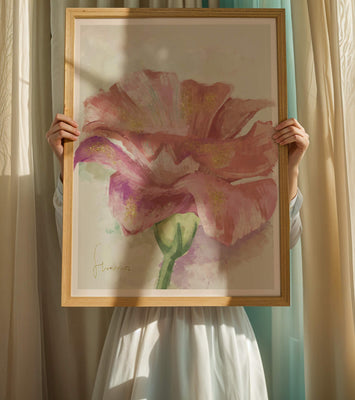 Vibrant pink flower with golden accents in abstract style