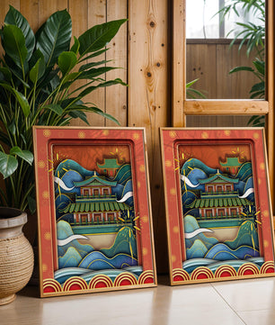 Traditionelle asiatische Architektur mit dekorativem Feuerwerk und Wellen