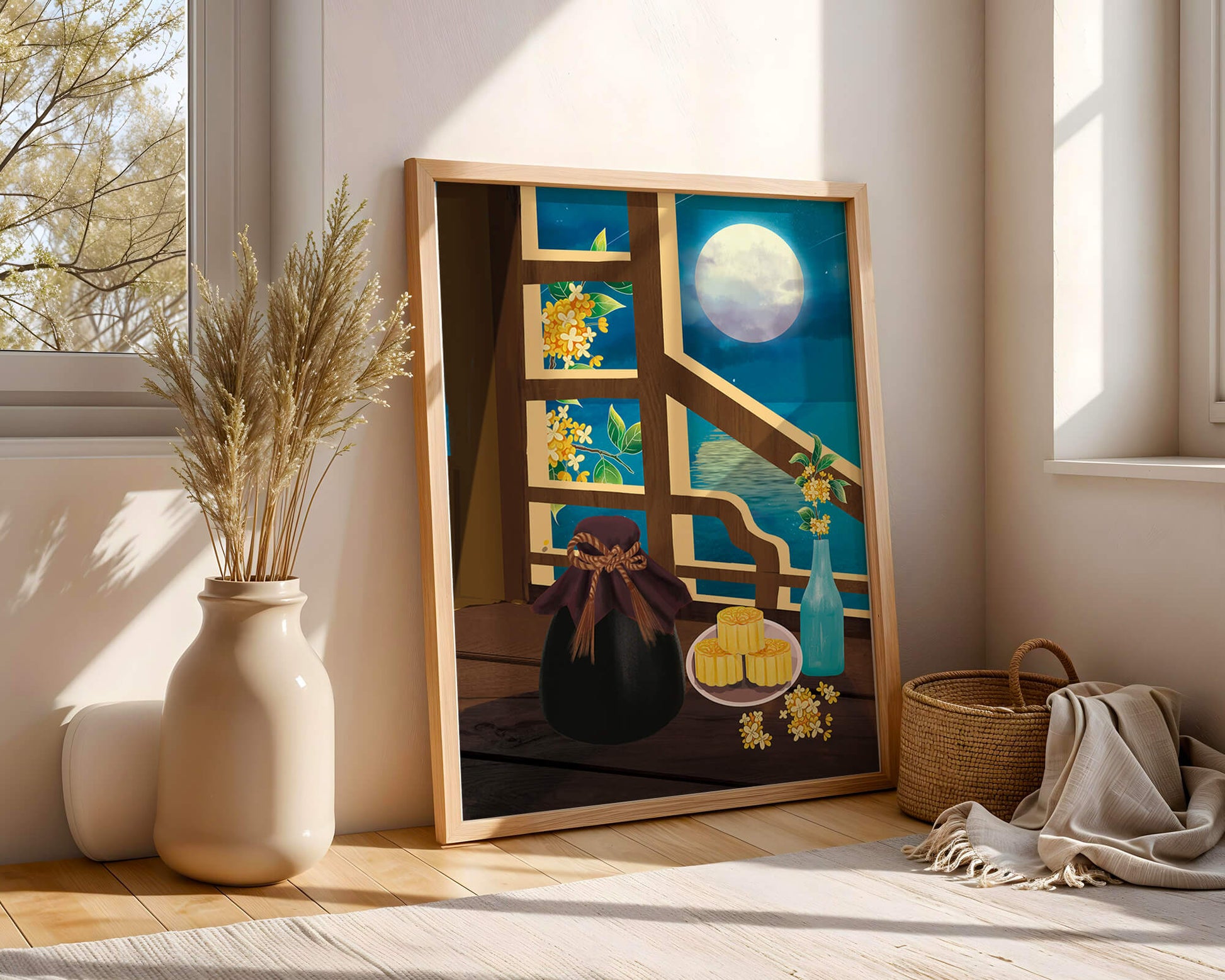 Noche iluminada por la luna con pasteles de luna y decoración floral sobre una mesa de madera