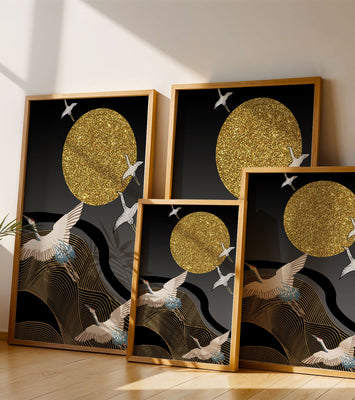 Elegant Cranes Soaring under a Golden Sun