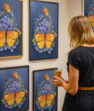Bright butterfly with blue flowers on a starry background
