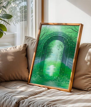 Un túnel de jardín verde sereno con agua reflectante