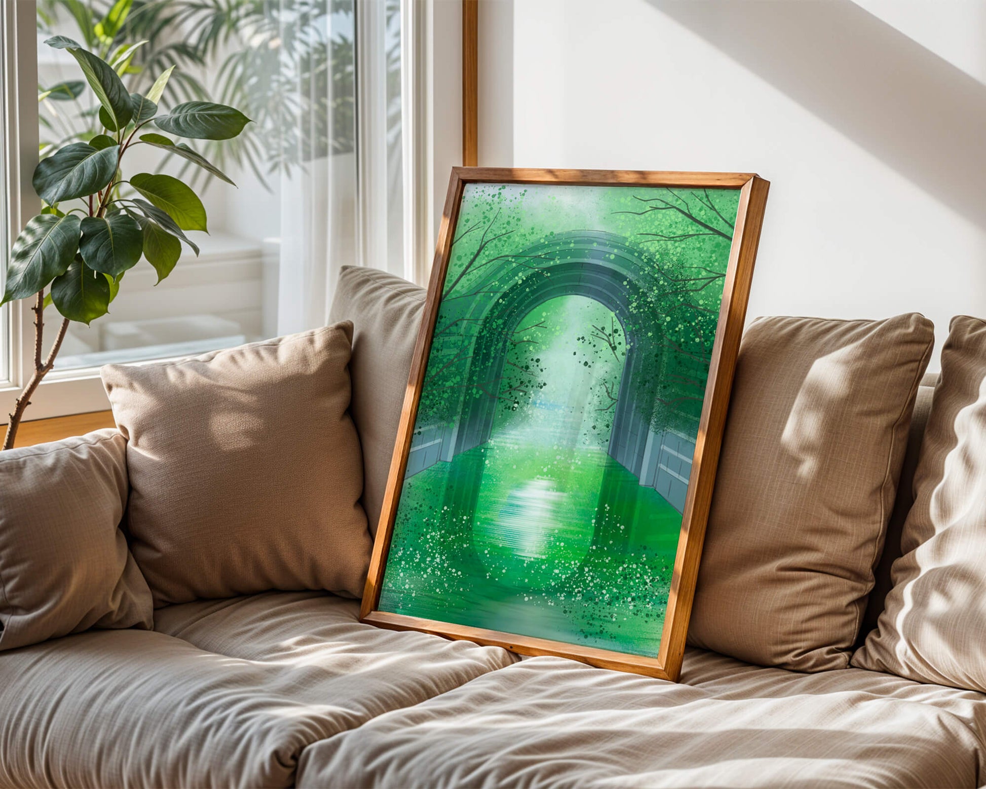 A serene green garden tunnel with reflective water