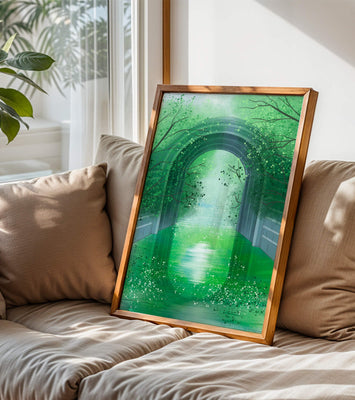 A serene green garden tunnel with reflective water