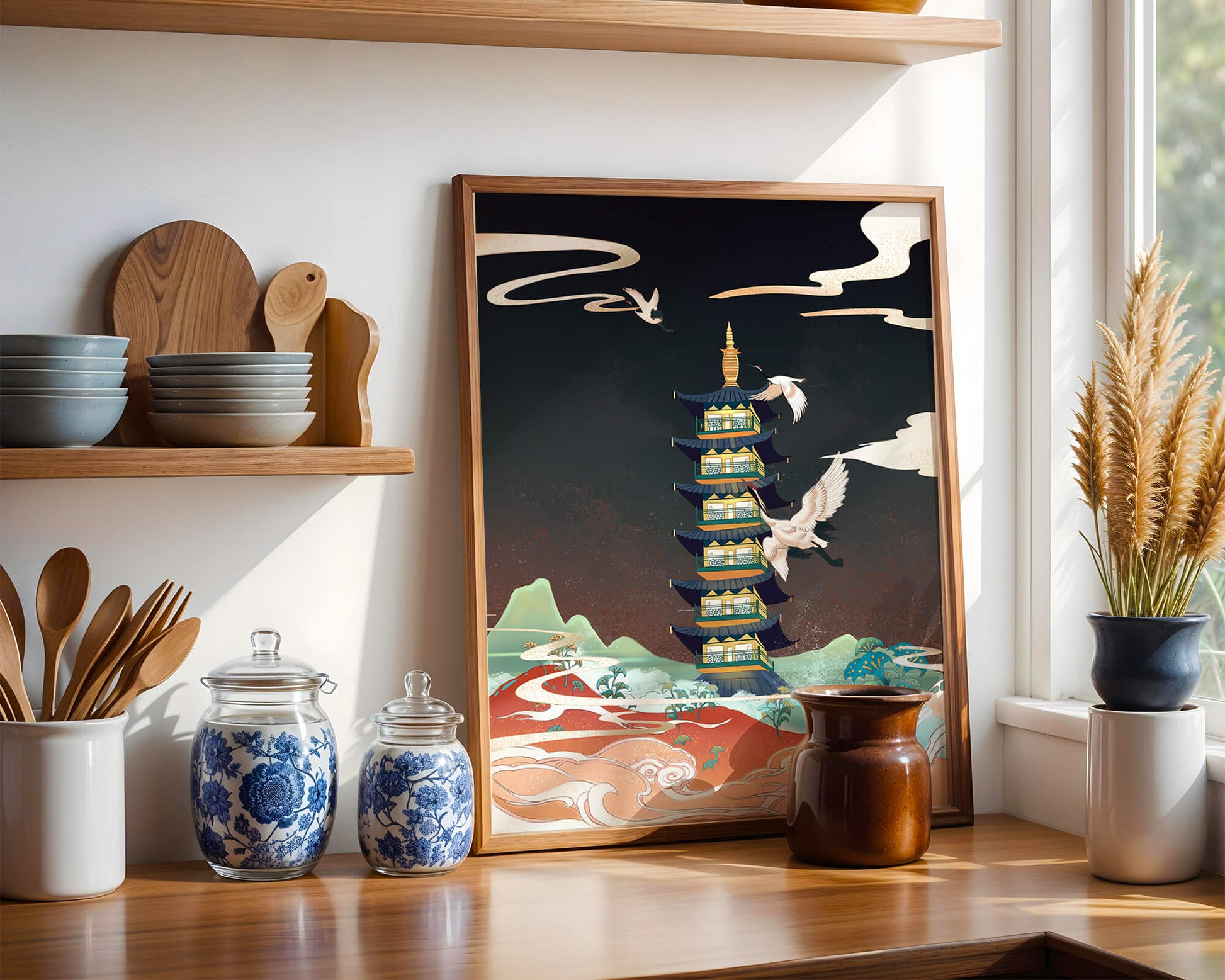 Illustrated scene of traditional pagoda with cranes in colorful landscape