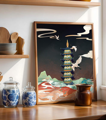 Illustrated scene of traditional pagoda with cranes in colorful landscape