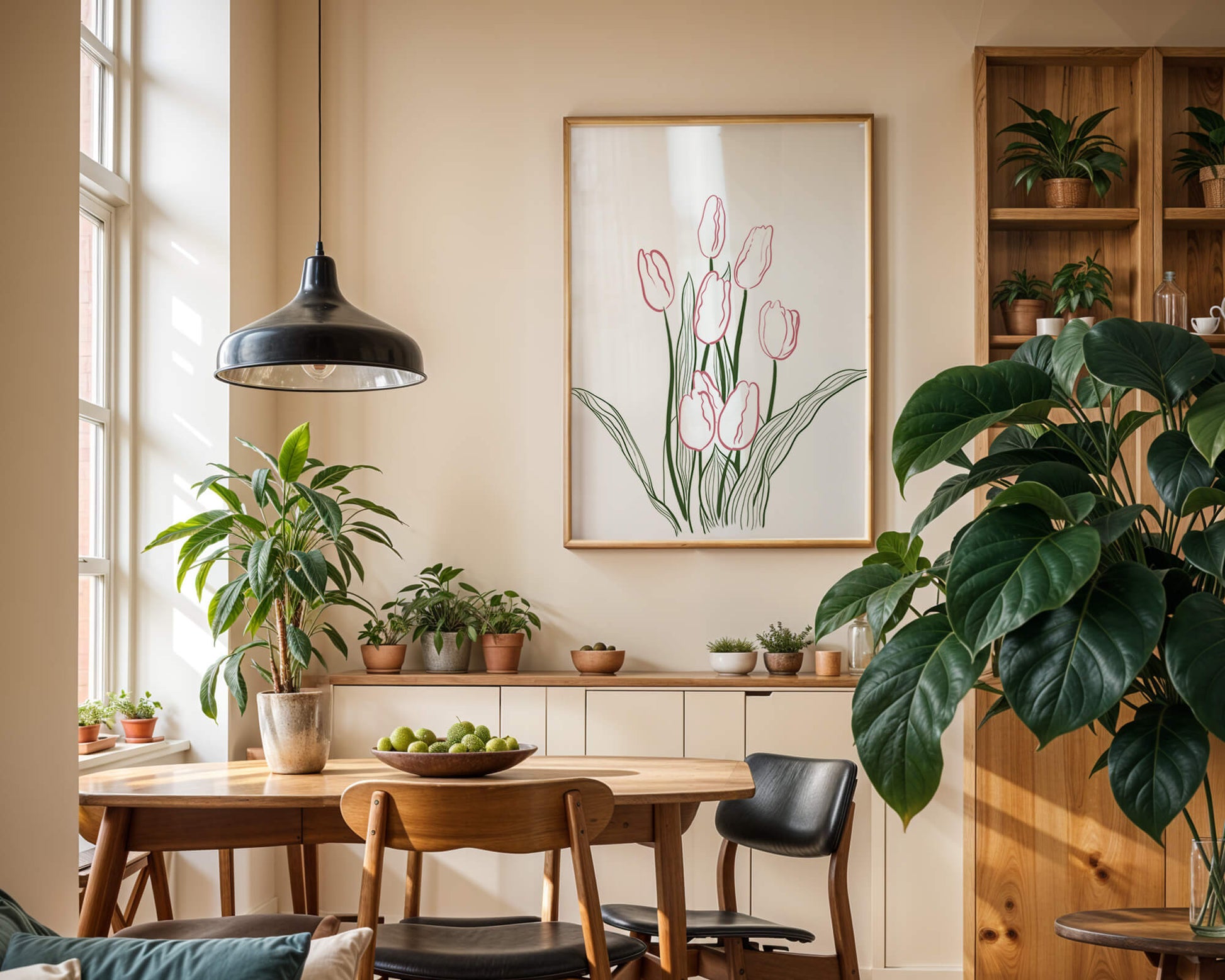 Wunderschöne rosa Tulpen mit grünen Blättern auf einer minimalistischen Leinwand