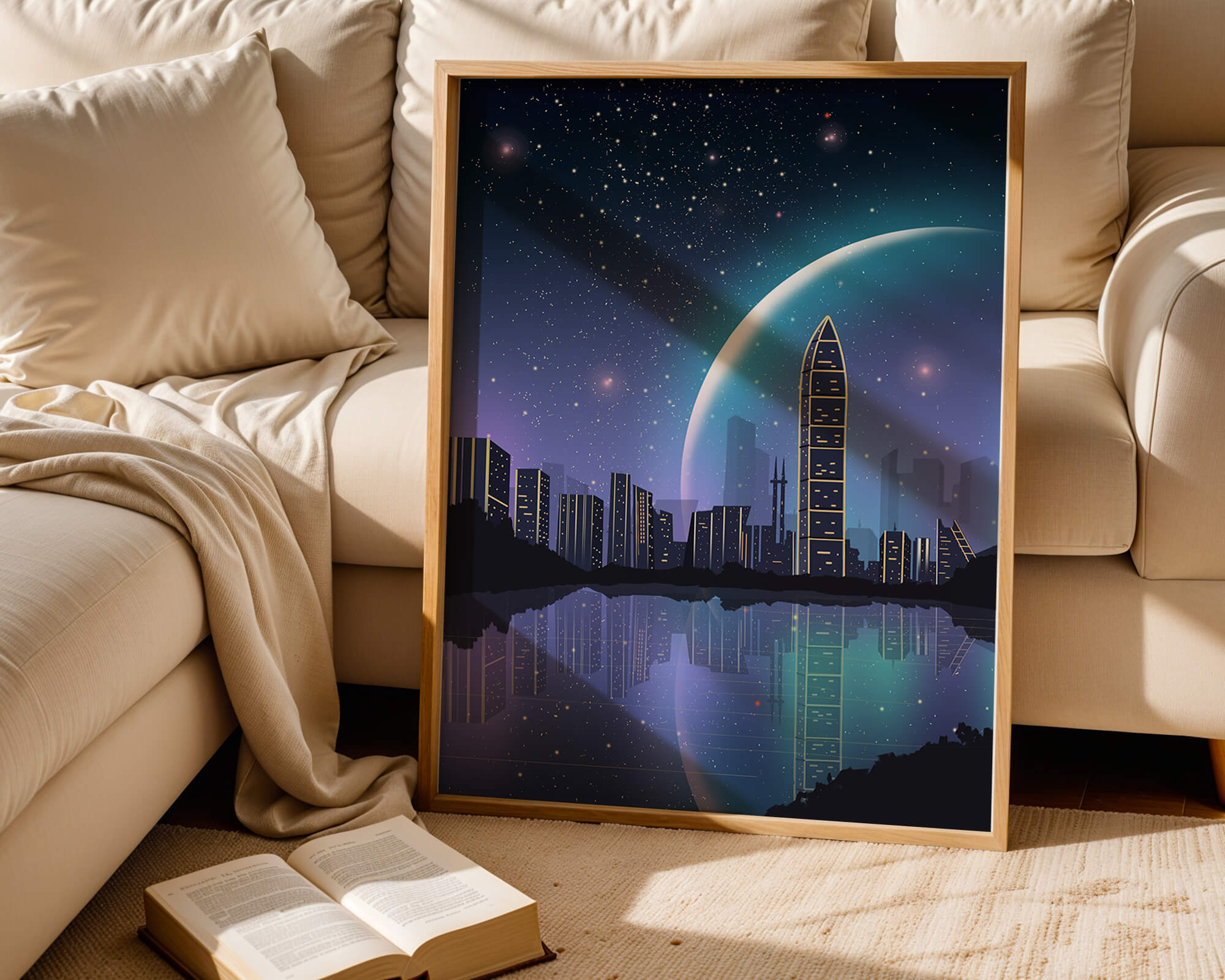 Futuristic cityscape under a starry night sky