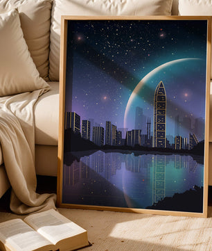 Paisaje urbano futurista bajo un cielo estrellado