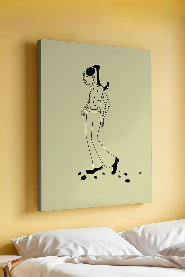 Illustration of a person walking in a polka dot shirt with ponytail