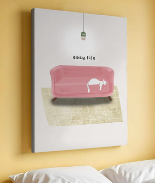 Minimalist Interior with Pink Sofa and Relaxed White Cat