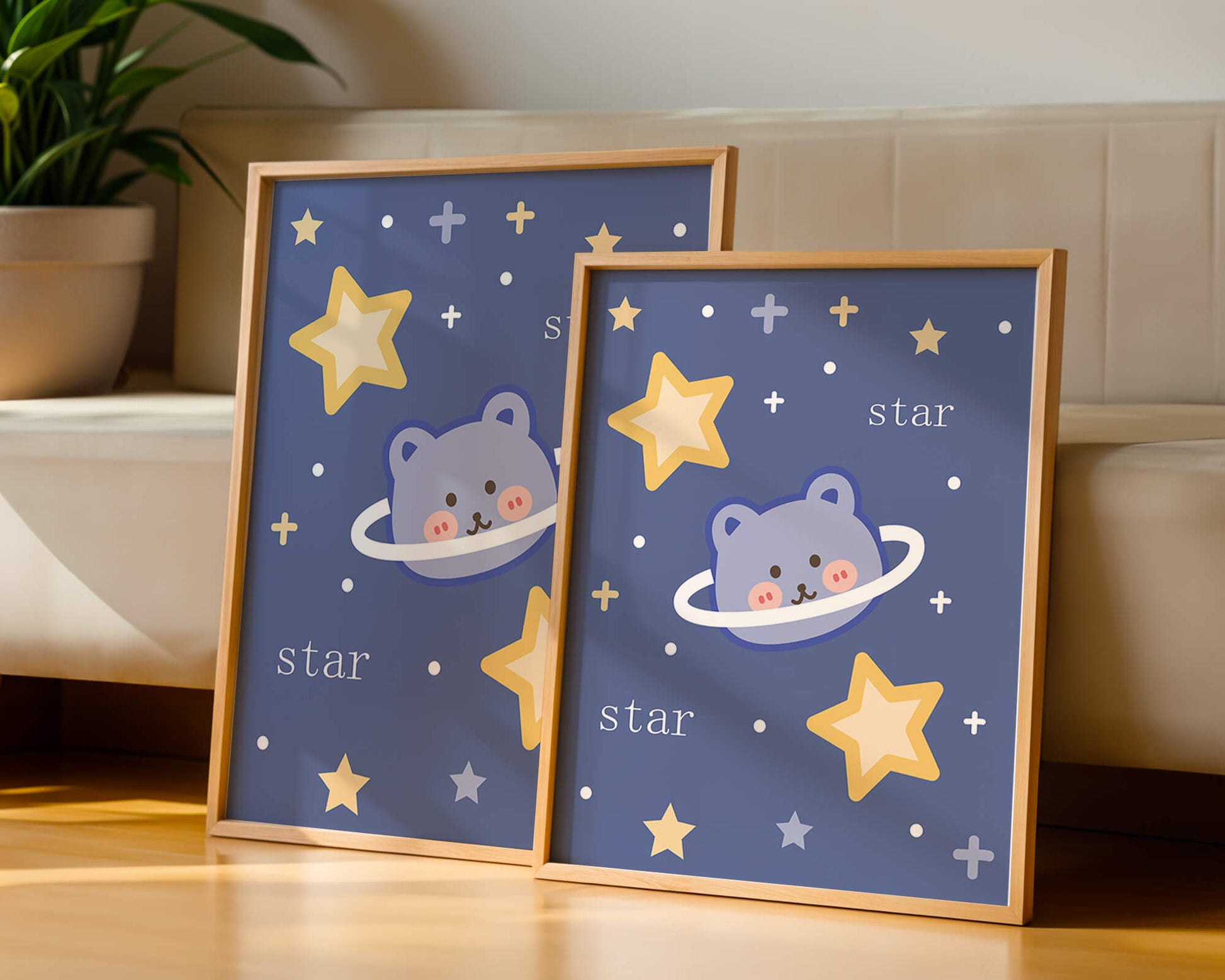 Adorable cartoon bear with stars on a blue background