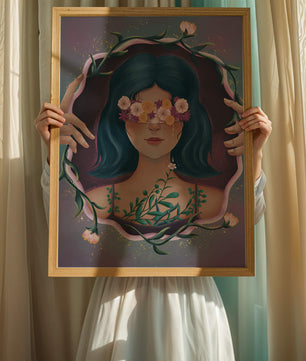 Portrait enchanteur d'une femme aux yeux floraux et aux cheveux noirs