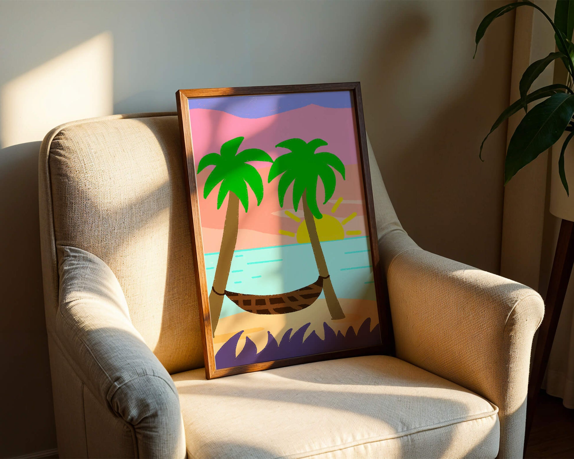 Tranquil beach scene with hammock and sunset