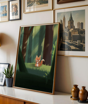 Charmante Illustration eines niedlichen Fuchses in einer ruhigen Waldlandschaft