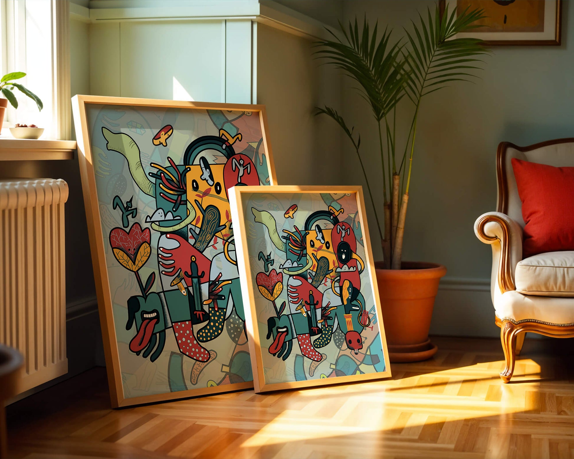 Composición artística surrealista abstracta con colores vibrantes